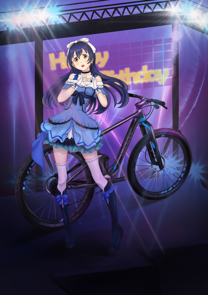 bangs bare_shoulders bicycle blue_dress blue_hair blush bow choker commentary_request dress earrings full_body gloves ground_vehicle hair_between_eyes hair_bow hair_ornament happy_birthday heart heart_hands highres jewelry kira-kira_sensation! long_hair looking_at_viewer love_live! love_live!_school_idol_project open_mouth solo sonoda_umi soymilk_(azone00) thighhighs white_gloves white_legwear yellow_eyes