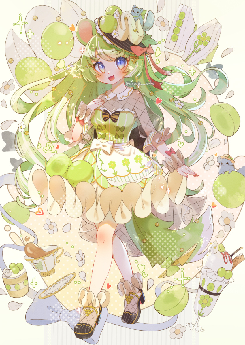 1girl :3 :d animal animal_ears black_bow black_bowtie black_hat black_shoes blue_eyes blush bow bowtie breasts commentary cup dot_nose dress dress_ruff fishnet_sleeves fishnets food frilled_sleeves frills fruit full_body grapes green_dress green_hair hand_on_own_chest hat hat_bow heart high_heels highres ice_cream long_hair long_sleeves looking_at_viewer medium_breasts open_mouth original red_bow red_bowtie saucer shoes smile socks solo squirrel squirrel_ears squirrel_girl squirrel_tail standing symbol-only_commentary tail tea teacup tsukumi_bis twitter_username white_socks wrist_cuffs