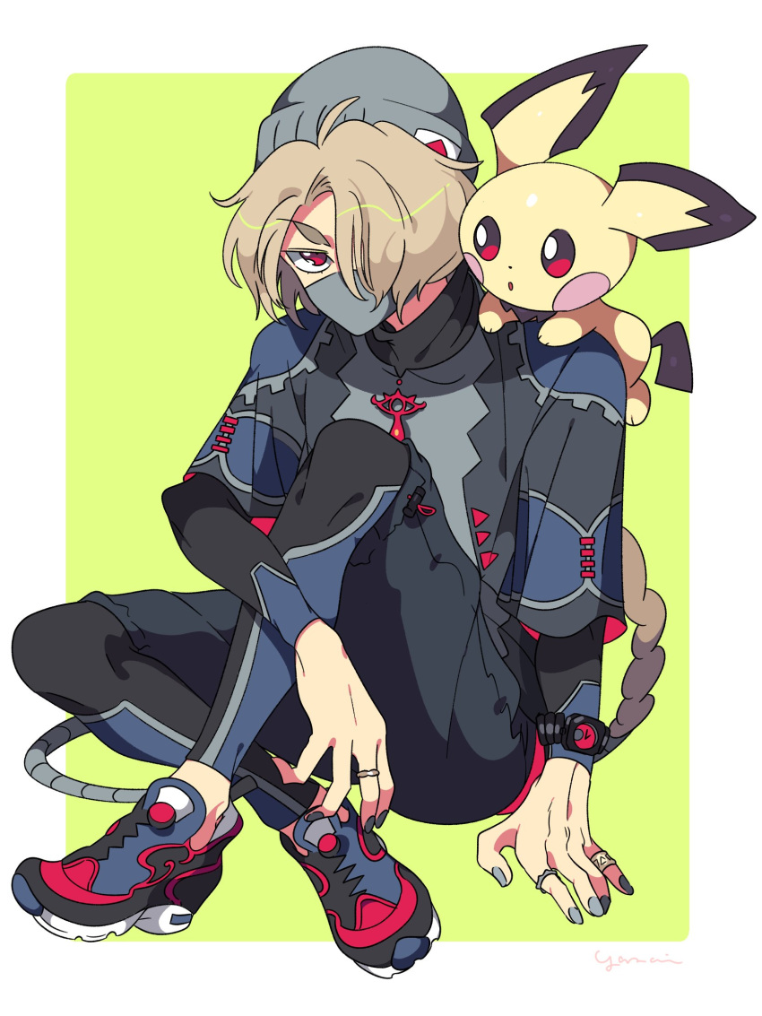 alternate_costume contemporary gen_2_pokemon grey_hair hair_over_one_eye highres jewelry long_hair looking_at_viewer nail_polish pichu pokemon pokemon_(creature) pokemon_(game) pokemon_hgss red_eyes reverse_trap sheik shoes simple_background sneakers solo super_smash_bros. super_smash_bros._ultimate surcoat the_legend_of_zelda the_legend_of_zelda:_ocarina_of_time turban watch wristwatch yasaikakiage