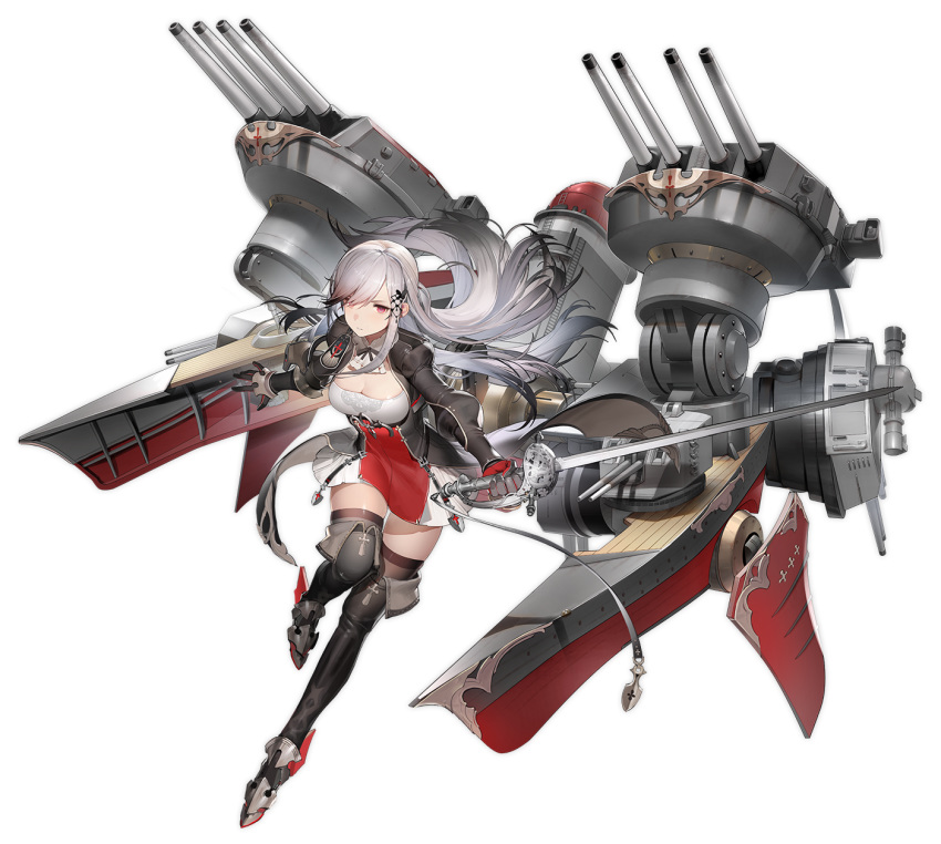 anchor_symbol azur_lane black_gloves black_jacket breasts brown_legwear cleavage closed_mouth copyright_name dunkerque_(azur_lane) full_body gloves grey_hair hair_ornament highres jacket large_breasts liduke long_hair long_sleeves looking_at_viewer machinery official_art pink_eyes solo sword thighhighs transparent_background turret weapon