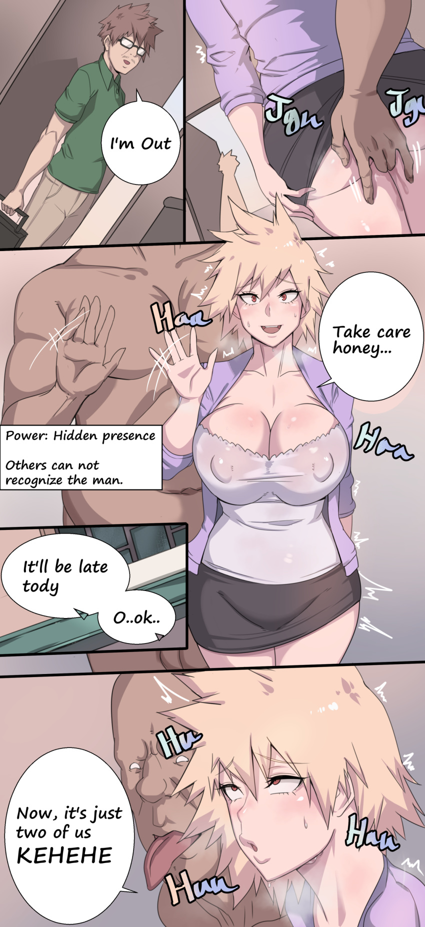 1girl 2boys ass bakugou_masaru bakugou_mitsuki blonde_hair blush boku_no_hero_academia breasts brown_hair cheating comic eyebrows eyewear glasses metal_owl_(aden12) milf multiple_boys open_mouth red_eyes shirt short_hair skirt teeth text_focus