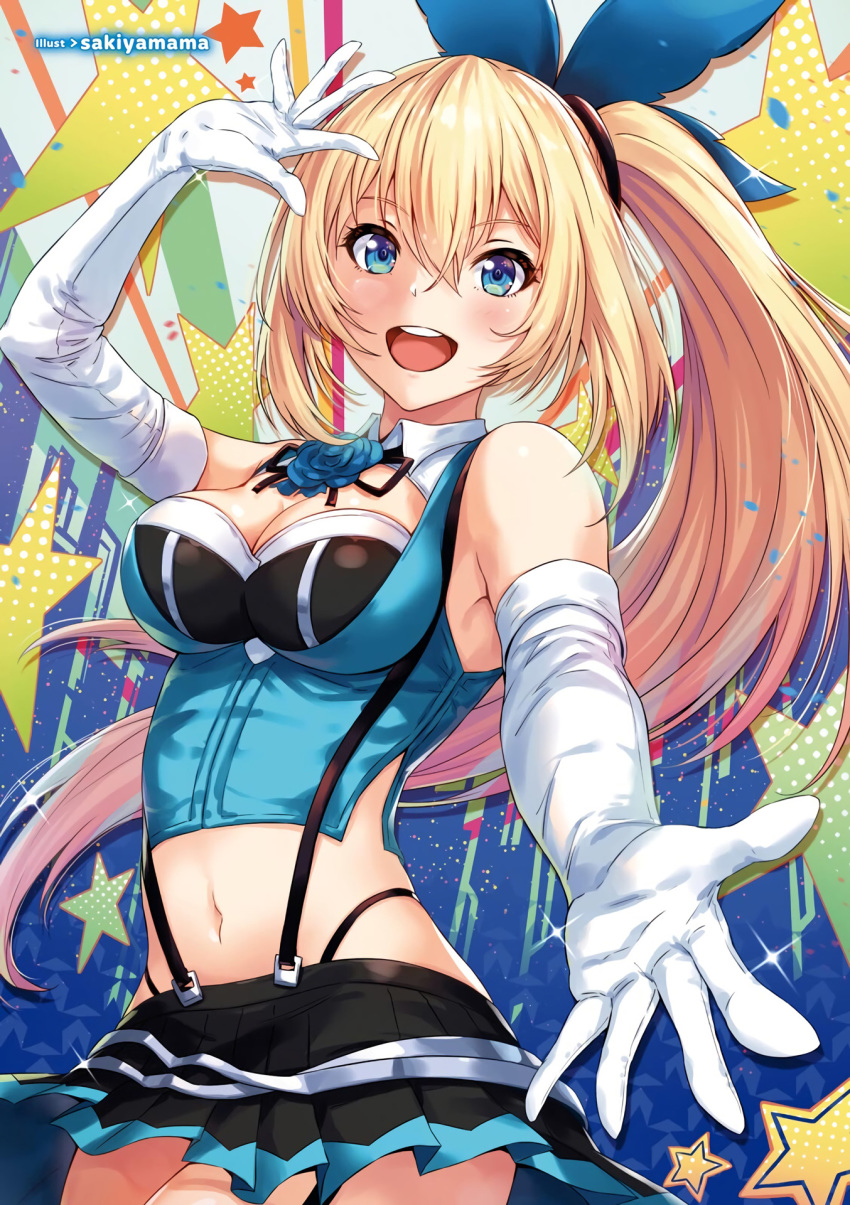 :d arm_up artist_name black_ribbon black_skirt blonde_hair blue_eyes blue_flower breasts choker cleavage cowboy_shot elbow_gloves eyebrows_visible_through_hair floating_hair flower gloves hair_between_eyes highres long_hair medium_breasts midriff miniskirt mirai_akari mirai_akari_project navel neck_ribbon open_mouth pleated_skirt ribbon sakiyamama side_ponytail skirt smile solo standing stomach suspender_skirt suspenders very_long_hair virtual_youtuber white_gloves