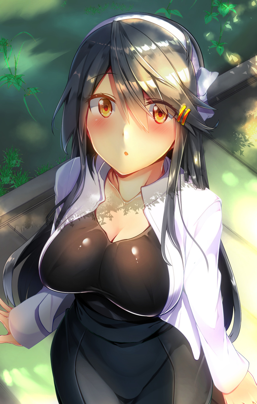 :o absurdres alternate_costume bangs black_hair black_legwear black_shirt black_skirt blush boots breasts brown_eyes casual cleavage collarbone commentary_request day eyebrows_visible_through_hair eyes_visible_through_hair hair_between_eyes hair_ornament hairband hairclip haruna_(kantai_collection) high-waist_skirt highres jacket kantai_collection large_breasts long_hair looking_at_viewer open_mouth outdoors remodel_(kantai_collection) ribbon shade shirt sidelocks skirt solo standing tsukui_kachou white_jacket