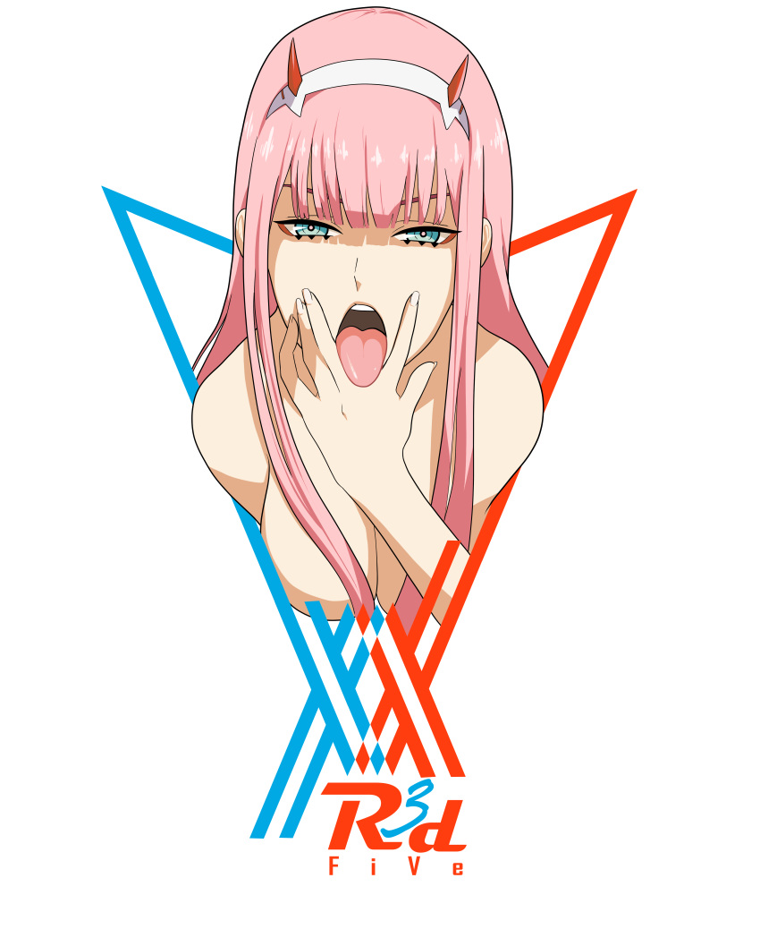 absurdres artist_name bangs blunt_bangs breasts cunnilingus_gesture darling_in_the_franxx half-closed_eyes highres implied_yuri large_breasts naughty_face nude open_mouth pink_hair r3dfive solo tongue tongue_out transparent_background zero_two_(darling_in_the_franxx)