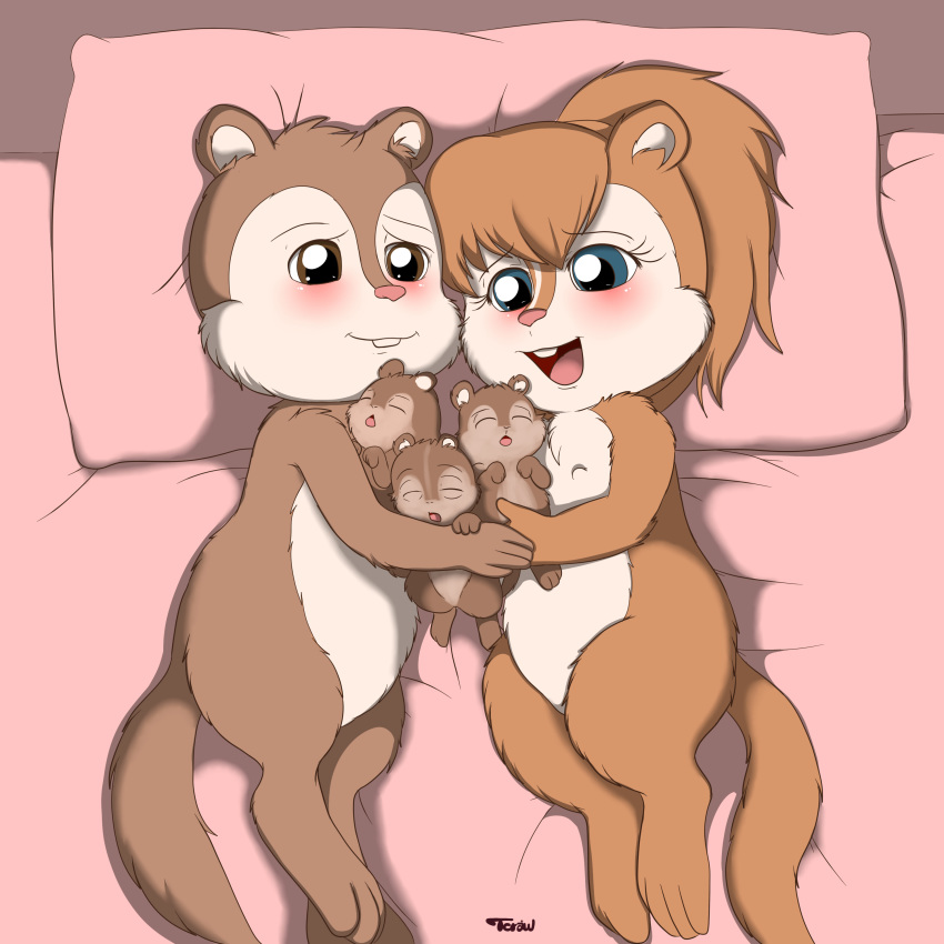 alvin_and_the_chipmunks alvin_seville ambiguous_gender anthro baby bed blush brittany_miller buckteeth chipmunk family father featureless_crotch group launny mammal mother nipples nude on_bed open_mouth parent pillow rodent semi-anthro teeth tongue young
