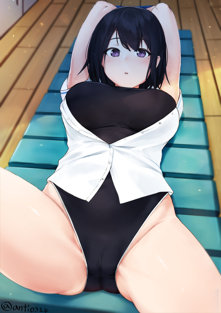 arms_behind_head black_hair black_swimsuit blush breasts cameltoe deneb_(noble324) groin highleg highres looking_at_viewer lying mole mole_under_eye on_back one-piece_swimsuit original parted_lips purple_eyes shirt short_hair solo spread_legs swimsuit teeth