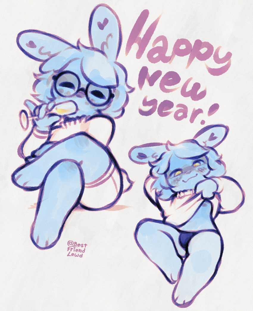 2026 :3 alcohol anthro bedroom_eyes bestfriendforever besty_(character) beverage blush breasts bulge champagne clothed clothing clothing_lift eyewear glasses gynomorph heart_(marking) hi_res intersex lagomorph leporid looking_pleasured mammal markings narrowed_eyes new_year_2026 nipples nonbinary_(lore) rabbit round_glasses seductive shirt shirt_lift solo topwear