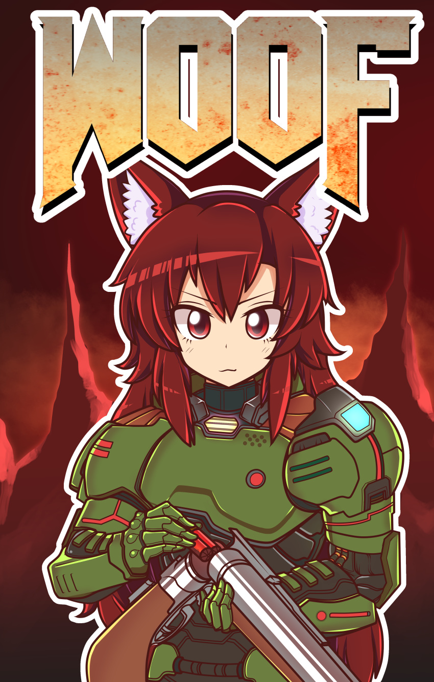 :3 absurdres animal_ears armor breastplate brown_eyes brown_hair closed_mouth commentary cosplay doom_(2016) doom_(game) doomguy doomguy_(cosplay) double_barrels english_commentary gauntlets gun hair_between_eyes highres holding holding_gun holding_weapon imaizumi_kagerou long_hair looking_at_viewer majormilk outline parody pauldrons power_armor red_eyes revision sawed-off_shotgun shotgun shotgun_shells shoulder_armor smile solo title_parody touhou turtleneck upper_body v-shaped_eyebrows weapon wolf_ears wool_(miwol)_(style)