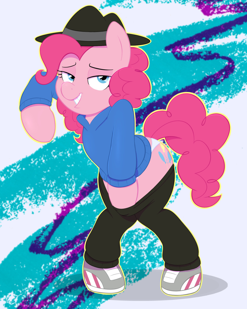 1990s acstlu blue_eyes clothing equine female friendship_is_magic fur hair half-closed_eyes hat horse looking_at_viewer mammal my_little_pony panties pink_fur pink_hair pinkie_pie_(mlp) pony solo teeth underwear undressing