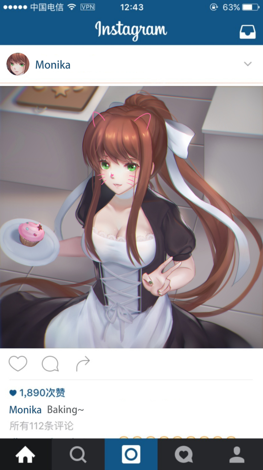 absurdres alternate_costume apron breasts brown_hair character_name chinese cleavage cleavage_cutout commentary cupcake doki_doki_literature_club drawn_ears enmaided fake_screenshot food green_eyes green_nails highres ihsara10 instagram long_hair looking_at_viewer maid monika_(doki_doki_literature_club) nail_polish plate ponytail short_sleeves smile solo v waist_apron