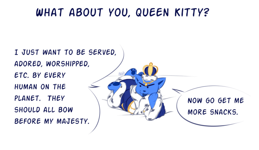 2018 anthro averyshadydolphin blue_fur cat clothing feline female fur kitty_(averyshadydolphin) lying mammal on_front open_mouth queen royalty simple_background solo speech_bubble text white_background