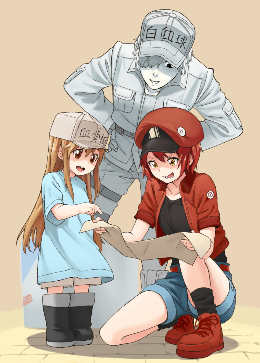 2girls absurdres ae-3803 baseball_cap belt bent_over black_eyes boots brown_background brown_eyes brown_hair cabbie_hat cross-laced_footwear denim denim_shorts hands_on_hips hat hataraku_saibou highres jacket lkqyan long_hair map multiple_girls no_pupils one_knee open_mouth pants platelet_(hataraku_saibou) pointing red_blood_cell_(hataraku_saibou) red_hair red_jacket rubber_boots shirt short_hair shorts sidelocks simple_background smile standing u-1146 white_blood_cell_(hataraku_saibou) white_hair yellow_eyes