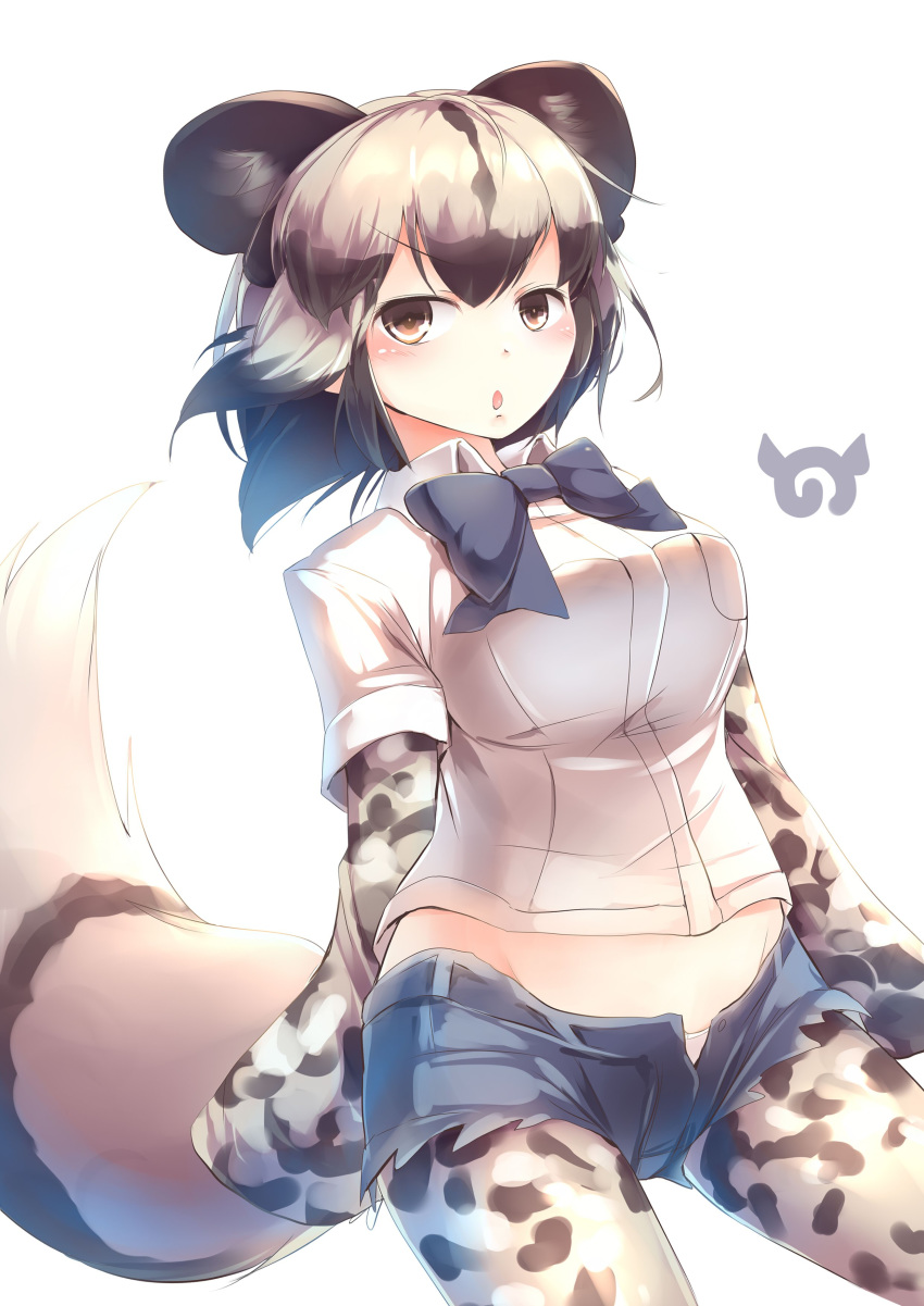 :o absurdres african_wild_dog_(kemono_friends) african_wild_dog_print animal_ears bow bowtie breast_pocket breasts brown_eyes buttons commentary cutoffs denim denim_shorts dog_ears dog_tail eyebrows_visible_through_hair highres japari_symbol kanzakietc kemono_friends long_sleeves looking_at_viewer multicolored_hair open_clothes open_fly open_mouth open_shorts panties pocket short_hair short_over_long_sleeves short_shorts short_sleeves shorts simple_background sleeves_past_wrists solo stomach tail unbuttoned underwear v-shaped_eyebrows