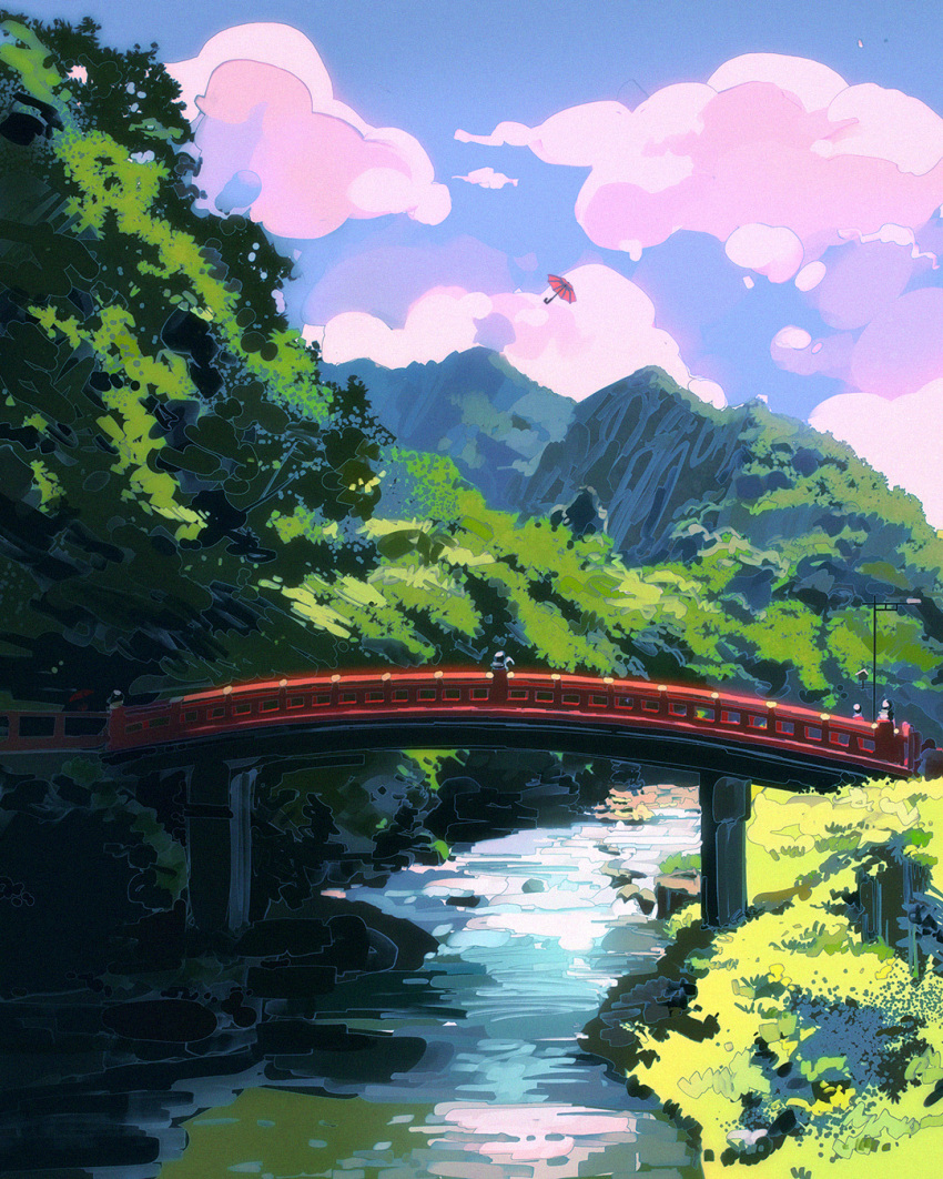 bridge cloud cloudy_sky commentary copyright_request day english_commentary grass highres ilya_kuvshinov no_humans oriental_umbrella outdoors red_umbrella river scenery sky umbrella water