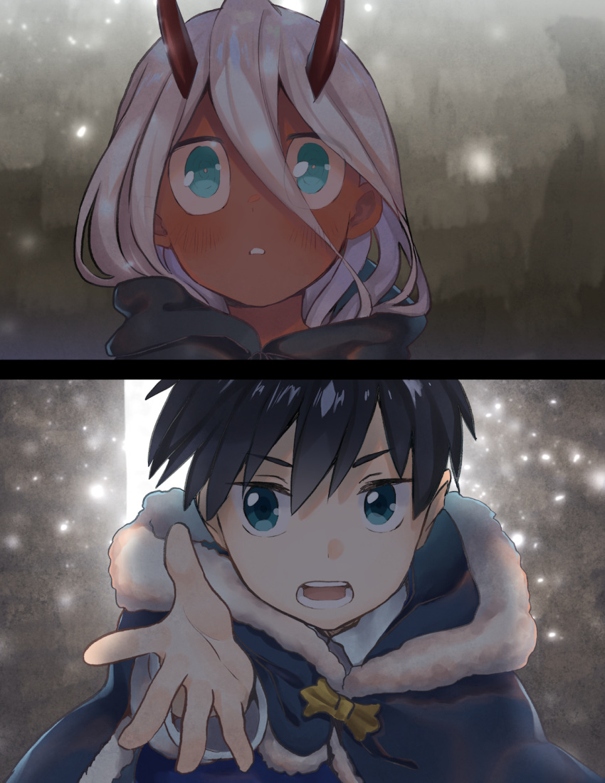 1girl black_cloak black_hair blue_eyes blush bomhat capelet child cloak comic commentary couple darling_in_the_franxx english_commentary fur-trimmed_capelet fur_trim green_eyes hetero highres hiro_(darling_in_the_franxx) hood hooded_cloak horns long_hair navy_blue_capelet oni_horns parka pink_hair reaching_out red_horns red_pupils red_sclera red_skin snowing zero_two_(darling_in_the_franxx)