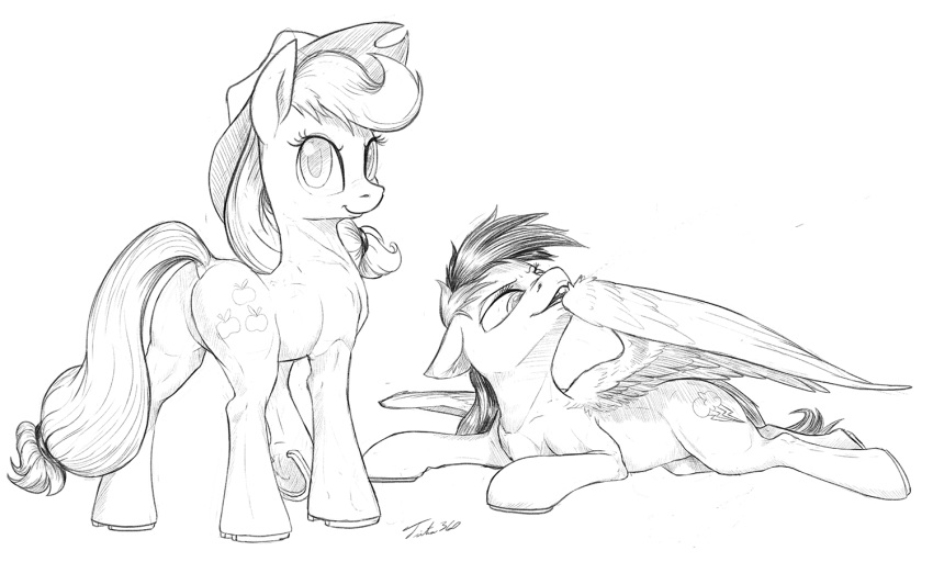 2016 applejack_(mlp) blonde_hair butt cowboy_hat cutie_mark duo earth_pony equine feathered_wings feathers featureless_crotch female feral freckles friendship_is_magic fur hair hat horse long_hair looking_at_viewer looking_back mammal monochrome my_little_pony pegasus pony preening rainbow_dash_(mlp) simple_background sketch smile tsitra360 underhoof white_background wings