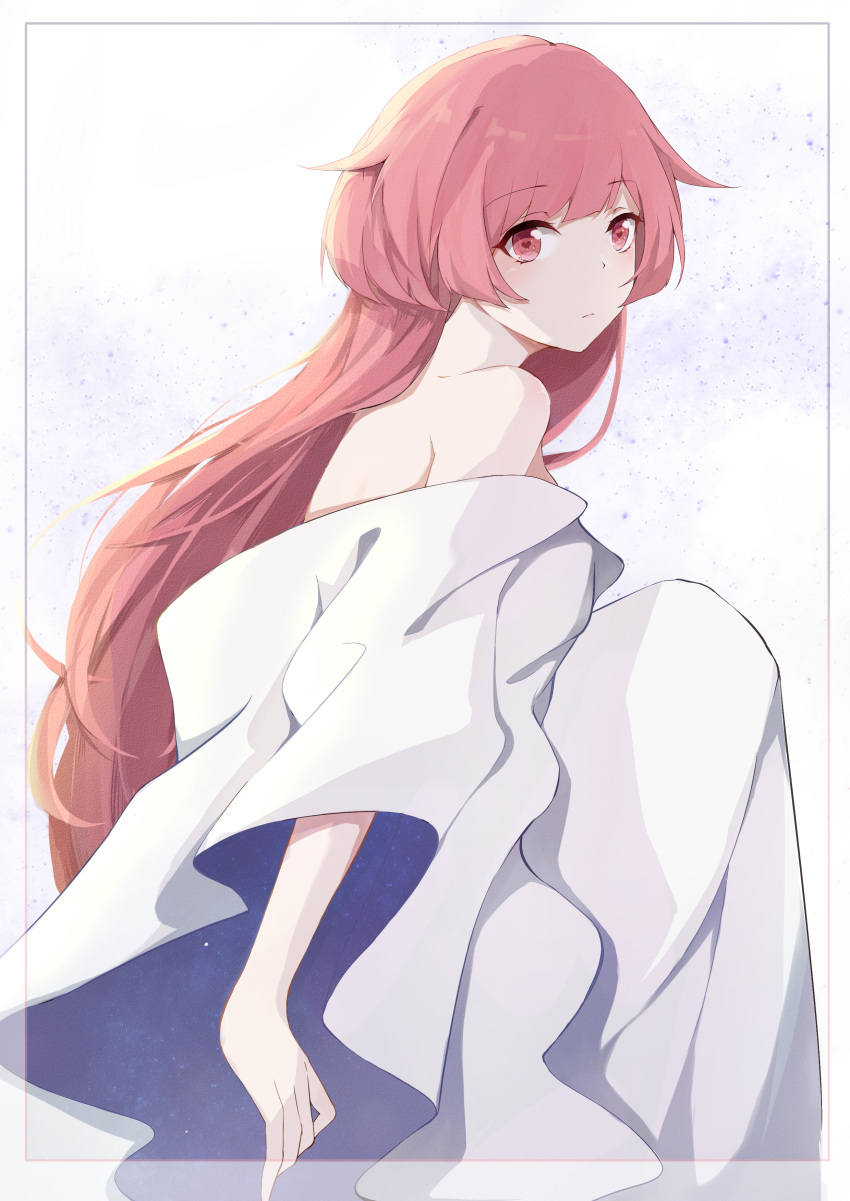 absurdres bangs bare_shoulders breasts closed_mouth dress dress_shirt expressionless eyebrows_visible_through_hair girls_frontline gumengyao highres long_hair long_sleeves looking_at_viewer ntw-20_(girls_frontline) pink_eyes pink_hair shirt simple_background solo very_long_hair white_dress