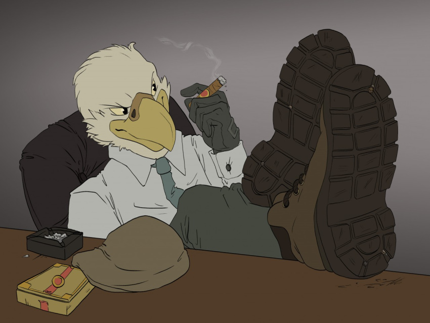 anthro avian bald_eagle bird boots cigar clothing eagle footwear gender:male gloves hajime icono leather_gloves male smoking