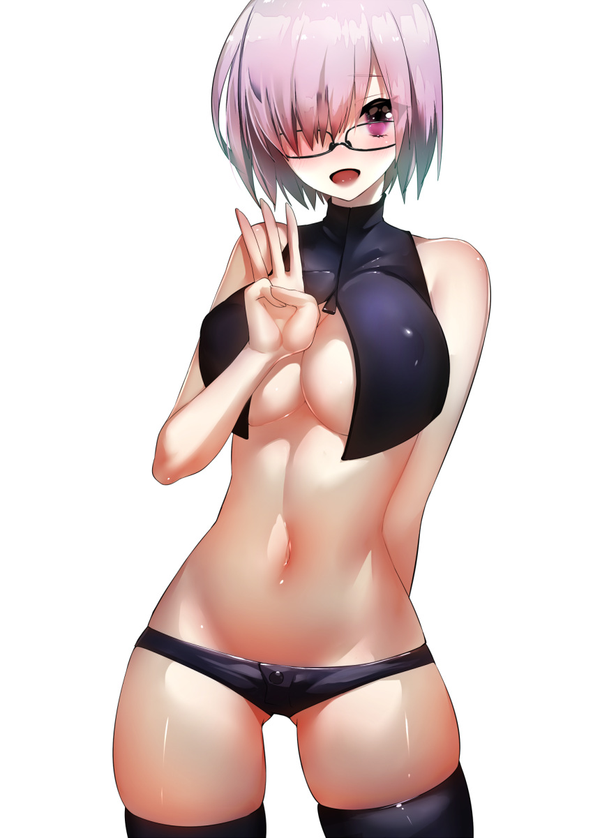 :d alternate_costume arm_behind_back bare_shoulders black-framed_eyewear black_legwear black_shorts breasts cleavage commentary_request covered_nipples cropped_vest fate/grand_order fate_(series) glasses hair_over_one_eye highres large_breasts looking_at_viewer mash_kyrielight navel open_mouth pink_hair rahato shiny shiny_hair short_hair short_shorts shorts smile solo thighhighs