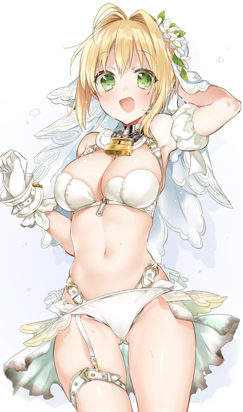 :d adapted_costume arm_up ass_visible_through_thighs bangs bare_shoulders bikini blonde_hair breasts chain cleavage commentary_request detached_sleeves eyebrows_visible_through_hair fate/extra fate/extra_ccc fate/grand_order fate_(series) flower gloves green_eyes hair_between_eyes hair_flower hair_intakes hair_ornament highres large_breasts lock looking_at_viewer navel nero_claudius_(bride)_(fate) nero_claudius_(fate)_(all) open_mouth padlock puffy_short_sleeves puffy_sleeves short_sleeves sino_(sionori) smile solo sweat swimsuit thigh_strap veil white_background white_bikini white_flower white_gloves white_sleeves