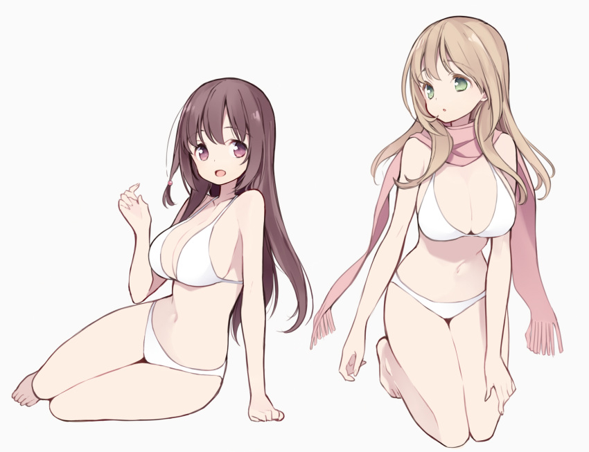 :d :o arm_support bangs bare_arms bare_legs bare_shoulders barefoot bikini breasts brown_eyes brown_hair cleavage eyebrows_visible_through_hair fingernails fringe_trim green_eyes grey_background hair_between_eyes hair_ornament hand_up highres itsumi_(itumiyuo) kneeling large_breasts light_brown_hair long_hair looking_at_viewer matsumi_kuro matsumi_yuu medium_breasts multiple_girls navel open_mouth parted_lips pink_scarf saki saki_achiga-hen scarf siblings simple_background sisters smile swimsuit very_long_hair white_bikini