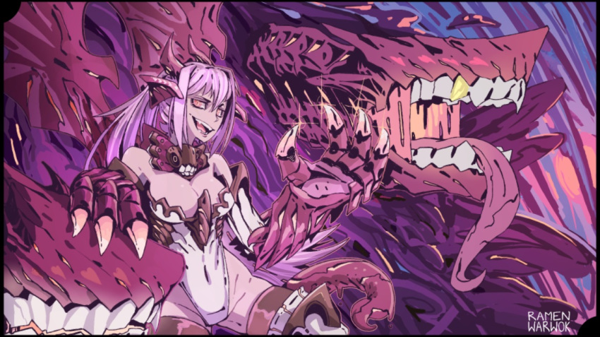 :d artist_name bare_shoulders black_border border breasts claws covered_navel crossover dragon_girl dragon_horns dragon_tail dragon_wings extra_mouth fangs from_side gold_teeth gorget horns jabberwock_(monster_girl_encyclopedia) kantai_collection large_breasts leotard monster_girl monster_girl_encyclopedia open_mouth purple purple_hair ramenwarwok red_eyes shinkaisei-kan signature smile solo standing tail tentacles white_leotard wings