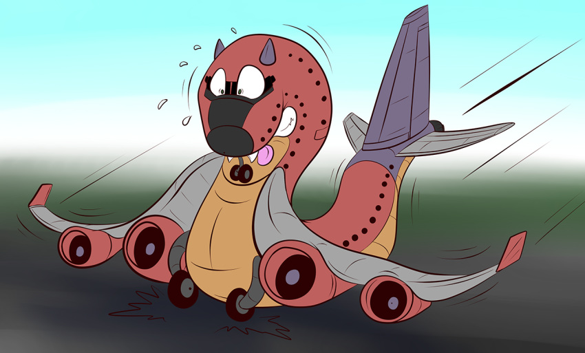 aircraft airplane ambiguous_gender animate_inanimate dragon gradient_background inanimate_transformation living_aircraft living_machine machine outside shindenwolf simple_background solo sweat tongue tongue_out transformation what