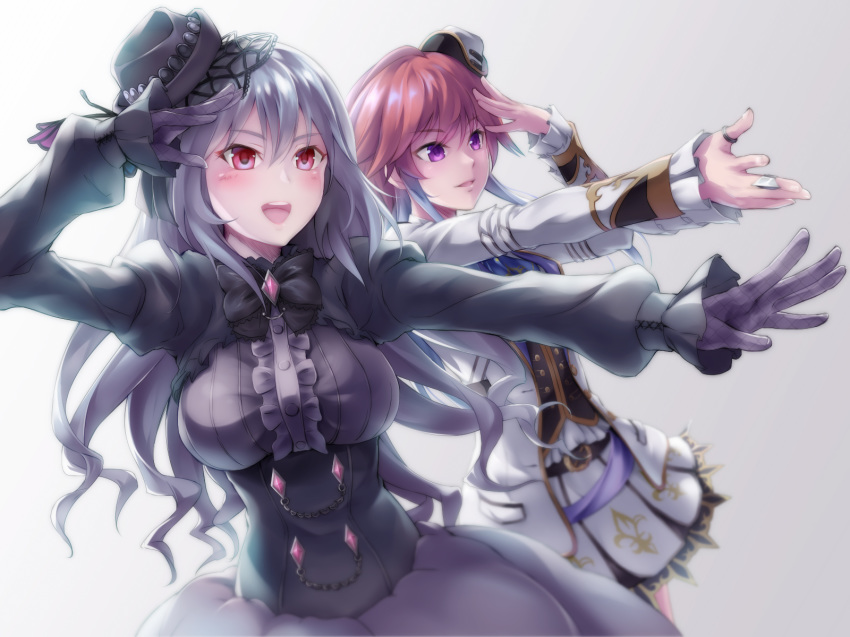 :d black_dress blue_hair blush breasts brown_hair commentary_request dark_illuminate dress gloves grey_hair hat highres idolmaster idolmaster_cinderella_girls idolmaster_cinderella_girls_starlight_stage kanzaki_ranko kokutou large_breasts long_hair multicolored_hair multiple_girls ninomiya_asuka open_mouth outstretched_hand purple_eyes purple_gloves red_eyes skirt smile thumb_ring twintails two-tone_hair
