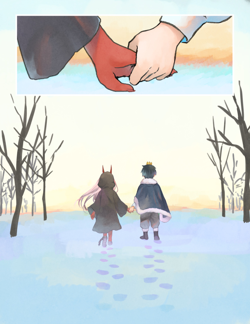 1girl anklet bandaged_feet bandages black_cloak black_footwear black_hair bomhat capelet child cloak comic commentary couple crown darling_in_the_franxx english_commentary footprints from_behind fur-trimmed_capelet fur_trim grey_pants hetero highres hiro_(darling_in_the_franxx) holding_hands hood hood_up hooded_cloak horns jewelry long_hair navy_blue_capelet oni_horns pants parka pink_hair prince red_horns red_skin snow tree zero_two_(darling_in_the_franxx)