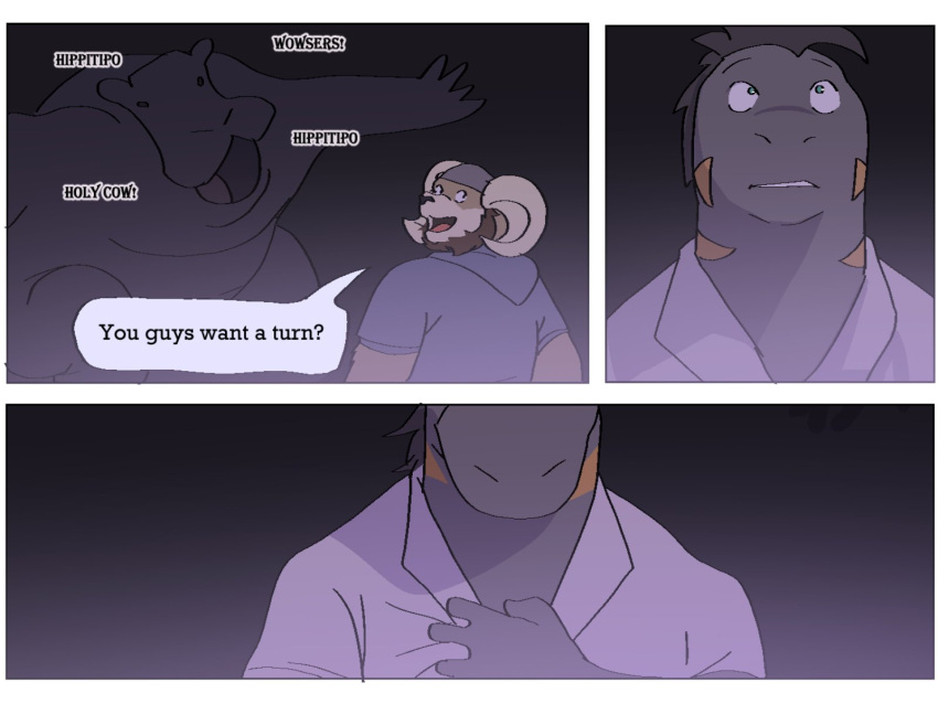 4:3 ambiguous_gender anthro beard bighorn_sheep bovid caprine carl_hendricks clothed clothing comic common_hippopotamus dialogue echo_(game) echo_(series) echo_project facial_hair feral flynn_moore gila_monster group helodermatid hi_res hippopotamid humor lizard male mammal night phwog reptile scalie sheep speech_bubble trio