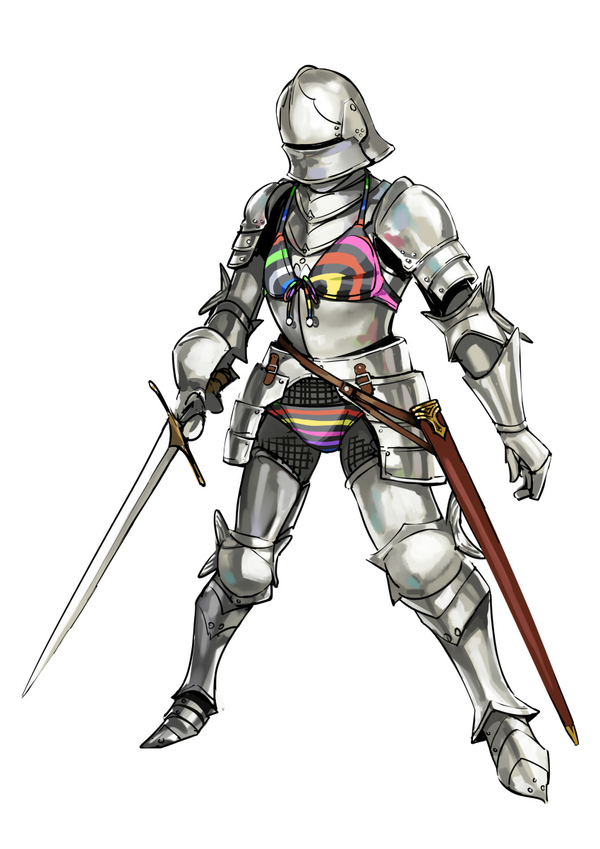 absurdres armor bikini chainmail commentary full_armor full_body helmet highres holding holding_sword holding_weapon layered_clothing original plate_armor pun scabbard sheath solo swimsuit sword too_literal twinpoo weapon white_background you're_doing_it_wrong