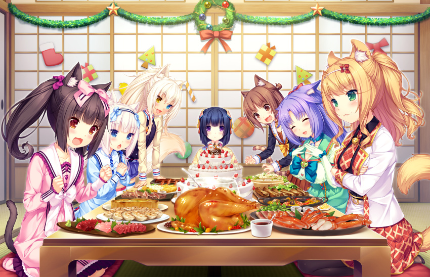 :3 animal_ear_fluff animal_ears azuki_(sayori) black_hair blonde_hair blue_eyes blush bow breasts brown_eyes brown_hair cake cat_ears cat_tail chocola_(sayori) christmas cinnamon_(sayori) cleavage closed_eyes closed_mouth coconut_(sayori) eyebrows_visible_through_hair food game_cg gloves green_eyes hair_bow hairband heterochromia highres japanese_clothes kimono kneeling long_hair maple_(sayori) minazuki_shigure multiple_girls nekopara non-web_source open_mouth pantyhose pleated_skirt ponytail purple_eyes purple_hair sayori school_uniform short_hair skirt tail turkey_(food) twintails vanilla_(sayori) white_hair younger yukata