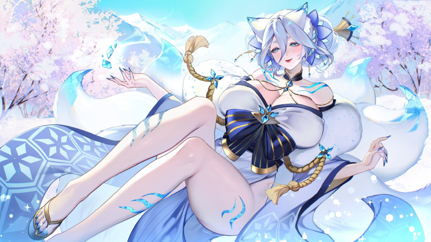 1girl animal_ear_fluff bare_shoulders black_bow black_collar blue_eyes blue_nails blue_sky bow braid breasts character_request cleavage collar commission copyright_request feather_boa hair_between_eyes hair_ornament highres japanese_clothes kimono large_breasts multiple_tails nail_polish off_shoulder red_lips sakichka sandals sky snowflake_print solo striped_bow tail toenail_polish toenails tree white_kimono wide_sleeves