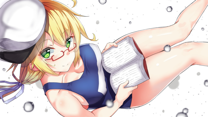 bad_id bad_pixiv_id blonde_hair blurry book breasts cleavage collarbone depth_of_field from_above glasses hat hcci_pcci highres holding holding_book i-8_(kantai_collection) kantai_collection large_breasts looking_at_viewer looking_up low_twintails no_legwear one-piece_swimsuit open_book peaked_cap reading red-framed_eyewear sailor_hat school_swimsuit semi-rimless_eyewear sideways_hat sitting solo swimsuit twintails under-rim_eyewear water water_drop white_background white_hat