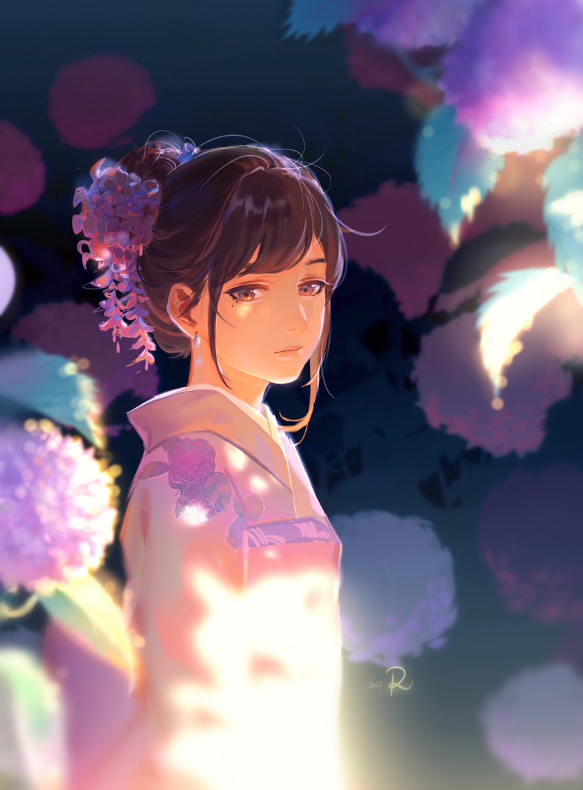 1girl absurdres bangs blurry blurry_background brown_eyes brown_hair closed_mouth dated drop_earrings earrings flower hair_bun hair_flower hair_ornament highres hydrangea japanese_clothes jewelry kimono looking_away mole mole_under_eye original pink_kimono rrr_(reason) sidelocks signature solo upper_body