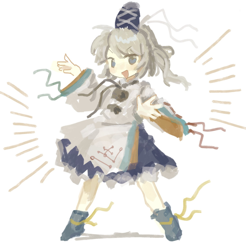 1girl black_ribbon blue_eyes blue_hat blue_ribbon blue_shoes blue_skirt commentary_request cross-laced_headwear emphasis_lines filia_(sonzione807560) footwear_ribbon full_body grey_hair hands_up hat hat_ribbon highres japanese_clothes kariginu legs_apart long_hair looking_at_viewer mononobe_no_futo open_mouth pom_pom_(clothes) ponytail red_ribbon ribbon shoes simple_background skirt smile solo standing tate_eboshi ten_desires touhou white_background white_ribbon wide_sleeves yellow_ribbon zun_pose