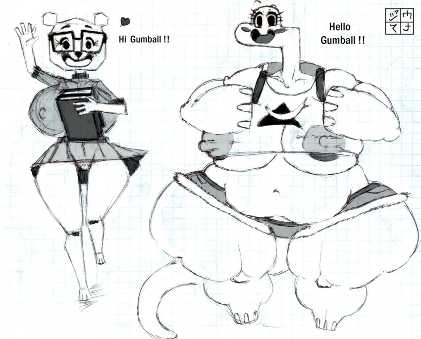 anthro bear belly big_belly big_breasts big_butt blush breasts butt cartoon_network dinosaur duo dxoz female huge_butt looking_at_viewer mammal molly_collins nipples smile teri_(tawog) the_amazing_world_of_gumball thick_thighs wide_hips