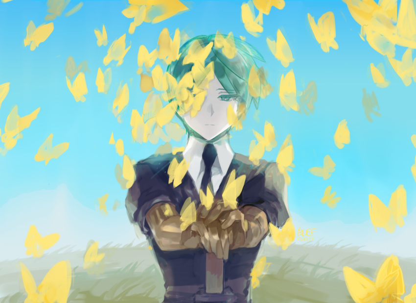 androgynous blef blue_sky bug butterfly butterfly_on_head colored_eyelashes expressionless gem_uniform_(houseki_no_kuni) golden_arms green_eyes green_hair hands_on_hilt highres houseki_no_kuni insect necktie outdoors phosphophyllite short_hair sky solo upper_body