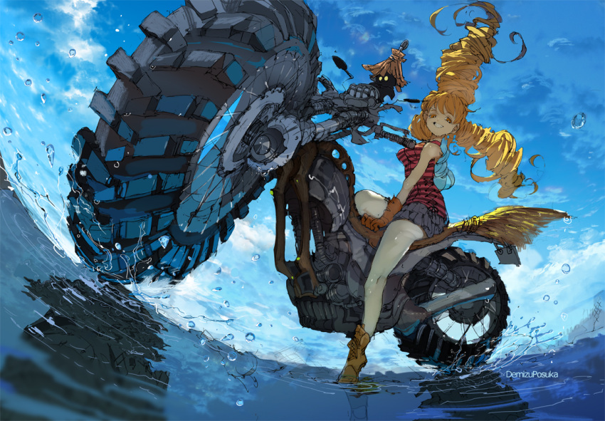 blonde_hair boots clouds demizu_posuka gloves long_hair motorcycle orange_eyes original reflection skirt sky water watermark