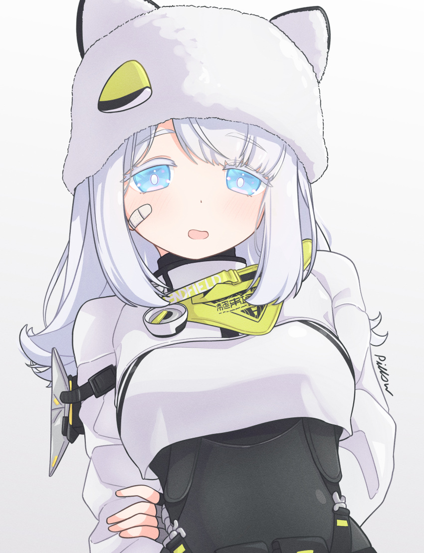 1girl absurdres arknights arknights:_endfield bandaid bandaid_on_cheek bandaid_on_face blue_eyes bright_pupils clothes_writing colored_eyelashes commentary endfield_industries_logo endfield_uniform estella_(arknights) fingerless_gloves gloves grey_background grey_gloves hand_on_own_arm hat highres light_blush long_hair long_sleeves looking_at_viewer makuraapillow solo upper_body white_hair white_hat white_pupils