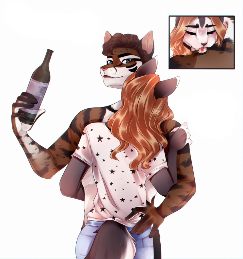 2018 anthro blue_eyes brown_fur brown_hair canine clothed clothing digital_media_(artwork) dog duo female fur hair holding_object kristiana_puff licking male mammal smile tongue tongue_out