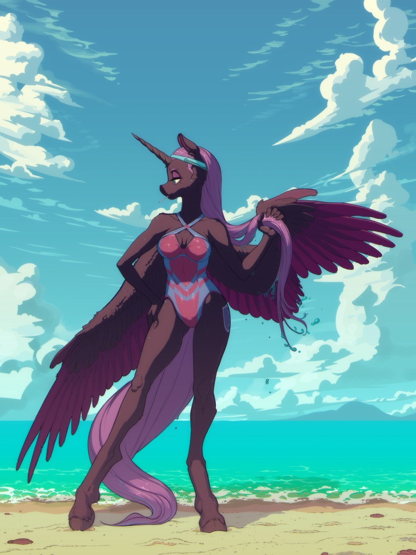 absurd_res accessory anthro breasts clothing equid equine female gor1ck hair hasbro headband hi_res horn horse long_hair mammal my_little_pony mythological_creature mythological_equine mythology nyx_(pen_stroke) one-piece_swimsuit pony sea solo swimwear tail unicorn water winged_unicorn wings