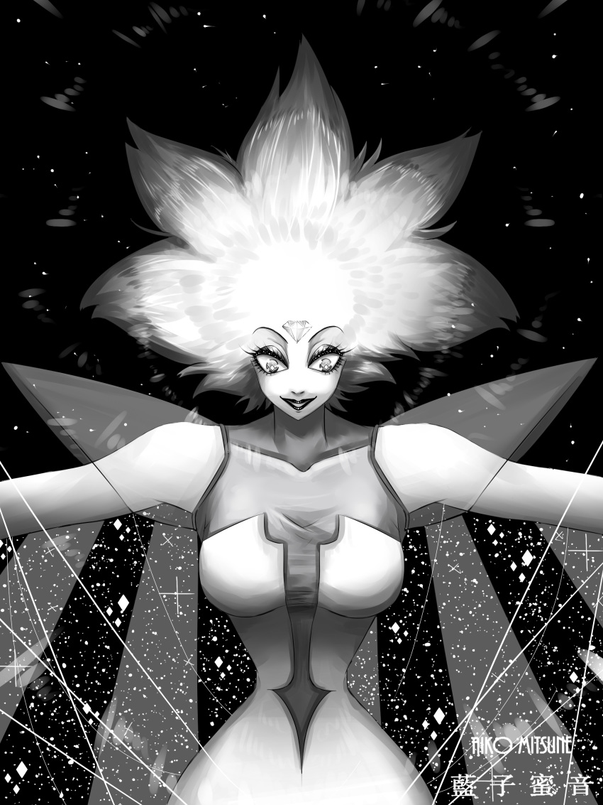 absurdres aiko_mitsune artist_name dress greyscale grin highres looking_down monochrome shiny shiny_hair smile solo steven_universe white_diamond_(steven_universe) white_skin