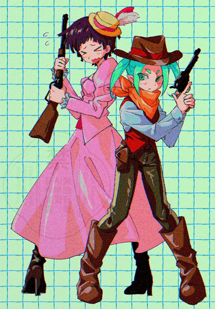 >_< 2girls alternate_costume aqua_eyes aqua_hair bandana bandana_around_neck belt_pouch black_shoes boots breasts brown_boots brown_hair brown_hat closed_eyes commentary_request cowboy_hat cowgirl_(western) current_nadeko dress full_body green_background grey_pants grid_background gun hat hat_feather high_heels highres holding holding_gun holding_weapon legs_apart long_dress long_sleeves looking_to_the_side minooo_zz monogatari_(series) multiple_girls nademonogatari ononoki_yotsugi orange_bandana pants partial_commentary pink_dress pouch red_vest revolver sengoku_nadeko shoes short_hair shotgun small_breasts standing translation_request twintails vest watermark wavy_mouth weapon