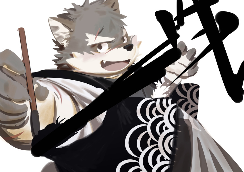 2018 5_fingers anthro black_nose canine clothed clothing dog fur gharne mammal moritaka multicolored_fur open_mouth solo teeth tokyo_afterschool_summoners tuft two_tone_fur