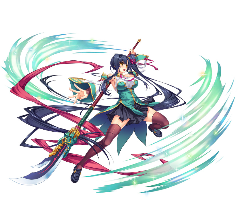 absurdly_long_hair bangs bare_shoulders black_legwear blue_hair blush breasts detached_sleeves fingernails full_body highres holding holding_weapon kan'u katagiri_hinata koihime_musou large_breasts loafers long_hair looking_at_viewer naginata necktie official_art open_mouth polearm ponytail sennen_sensou_aigis shiny shiny_clothes shiny_hair shiny_skin shoes side_ponytail skirt sleeveless solo thighhighs transparent_background very_long_hair weapon wide_sleeves yellow_eyes zettai_ryouiki