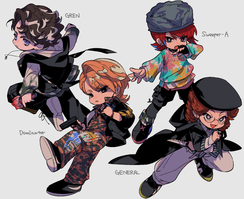 4boys :d :o akune_rindo arima_seigen arm_at_side asymmetrical_bangs bags_under_eyes beret black_coat black_eyes black_gloves black_hair black_hat black_jacket black_leggings black_pants black_shoes black_shorts blonde_hair blue_eyes blue_streaks bracelet bright_pupils brown_hair camouflage_socks cargo_shorts character_name coat college_shirt combat_knife commentary curly_hair curtained_hair deformed desperado-004 dot_nose earrings finger_on_trigger fingerless_gloves floating_clothes from_behind frown full_body fur_hat glasses gloves gold_bracelet gold_necklace grey_background grey_hat gun hand_up handgun hat highres holding holding_gun holding_knife holding_microphone holding_weapon hood hood_down hooded_coat hooded_jacket hoodie hypnosis_mic hypnosis_mic:_rule_the_stage hypnosis_microphone jacket jacket_over_hoodie jewelry jikuin_jyobu jumpsuit knife leggings leggings_under_shorts legs_apart looking_ahead looking_at_viewer looking_to_the_side male_focus medium_hair microphone mullet multicolored_hair multicolored_sweater multiple_boys multiple_rings necklace open_clothes open_coat open_jacket orange_jumpsuit outstretched_arm pants parted_bangs parted_lips partially_unzipped pinstripe_jacket pinstripe_pattern print_jumpsuit raised_eyebrows red_hair ring round_eyewear serious shoes short_eyebrows short_hair shorts sideburns sideways_glance silver_earrings simple_background single_fingerless_glove single_hair_intake sleeveless sleeveless_jacket sleeves_pushed_up smile sneakers streaked_hair stud_earrings suit_jacket sweater sweatpants track_pants user_ajrm3578 ushanka v-shaped_eyebrows wavy_hair weapon white_hoodie white_pants white_pupils white_streaks yagasaki_ibuki