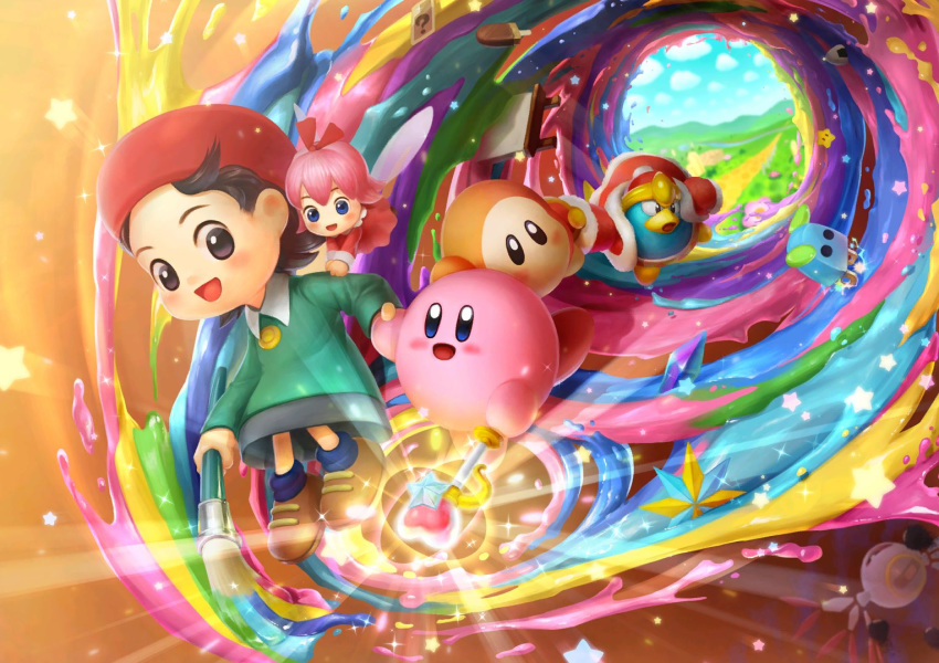 02 adeleine colorful fairy group king_dedede kirby kirby_(series) nintendo official_art paint paintbrush plugg rainbow ribbon_(kirby) video_games waddle_dee waddling_head