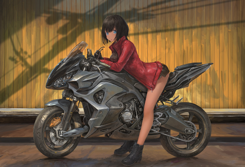 :o bangs bent_over black_footwear black_hair blue_eyes boots breasts eyewear_removed from_side full_body ground_vehicle holding holding_eyewear jacket leather leather_jacket long_sleeves looking_at_viewer medium_breasts motor_vehicle motorcycle nihoshi_(bipedal_s) on_motorcycle original red_jacket shadow short_hair short_shorts shorts solo vehicle_request