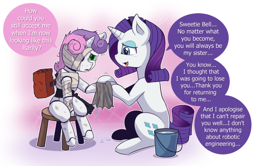 2018 bandage bucket dsialog duo english_text equine female friendship_is_magic horn machine mammal my_little_pony rarity_(mlp) robot sweetie_belle_(mlp) sweetie_bot_(mlp) tears text towel unicorn vavacung water